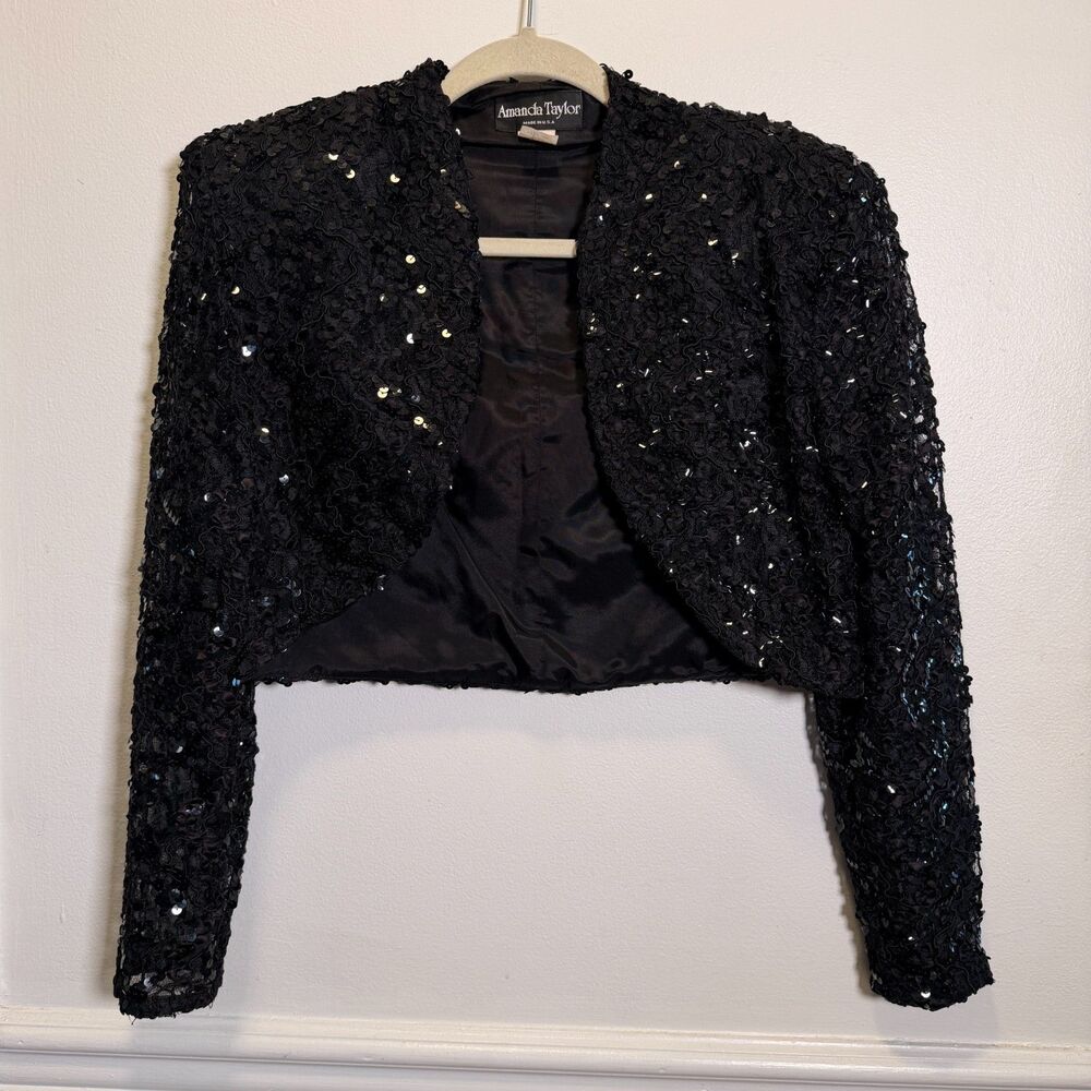 Amanda Taylor Vintage Black Sequin Bolero Jacket 10 Made USA Evening Glam
